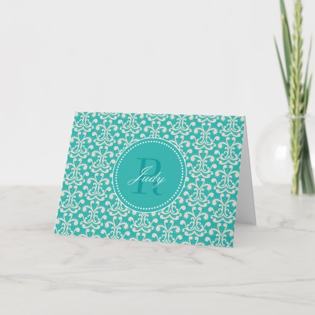 Teal Damask Monogram Note Cards (Front)