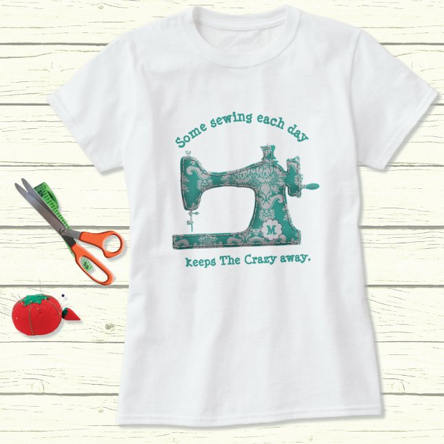 Teal Damask Monogram Sewing Humor T-Shirt (Creator Uploaded)
