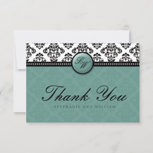 Teal Damask Monogram Wedding Thank You Card (Front)