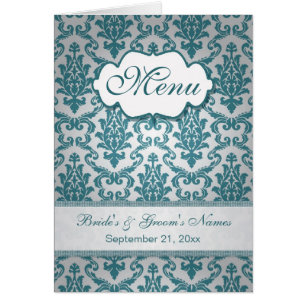 Teal damask on a silver background Menu