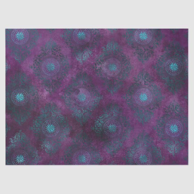 Teal Damask on Purple Decoupage Tissue Paper (Front)