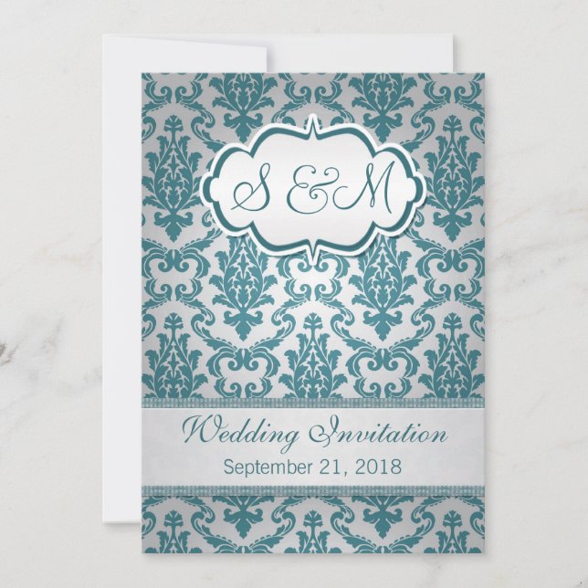 Teal damask on silver background Wedding Invitation (Front)