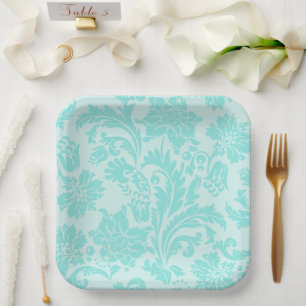 Teal damask paper plate