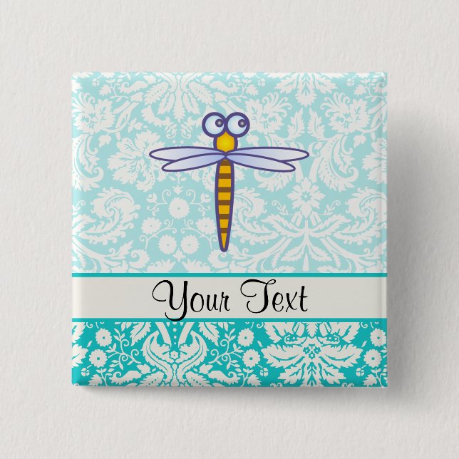 Teal Damask Pattern Dragonfly 15 Cm Square Badge (Front)