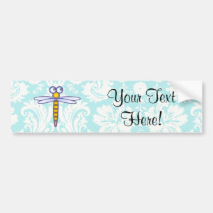 Teal Damask Pattern Dragonfly Bumper Sticker