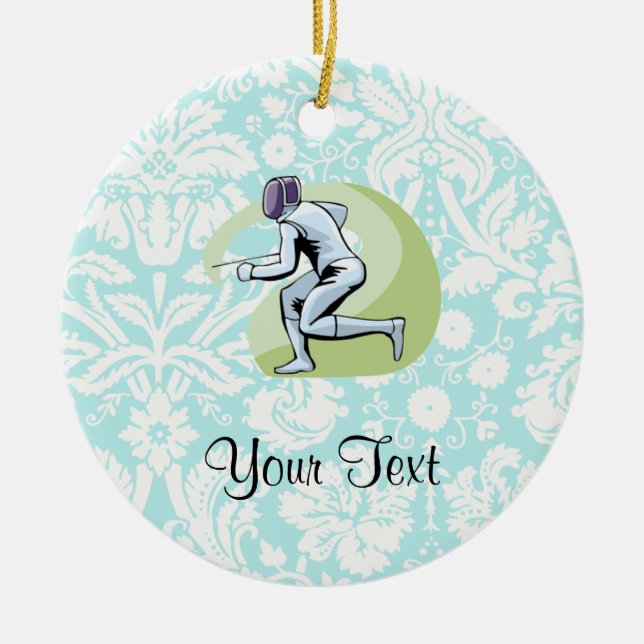 Teal Damask Pattern Fencing Ceramic Tree Decoration (Front)
