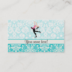 Teal Damask Pattern Ice Skating Business Card