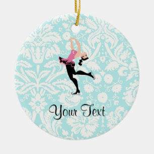 Teal Damask Pattern Ice Skating Ceramic Tree Decoration