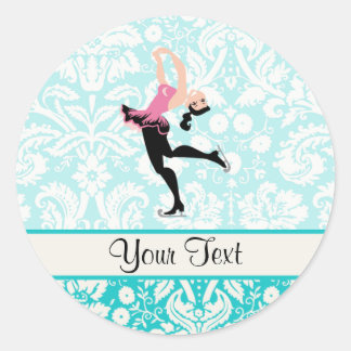 Teal Damask Pattern Ice Skating Classic Round Sticker