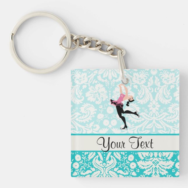 Teal Damask Pattern Ice Skating Key Ring (Front)
