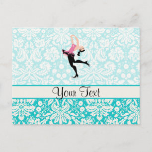 Teal Damask Pattern Ice Skating Postcard