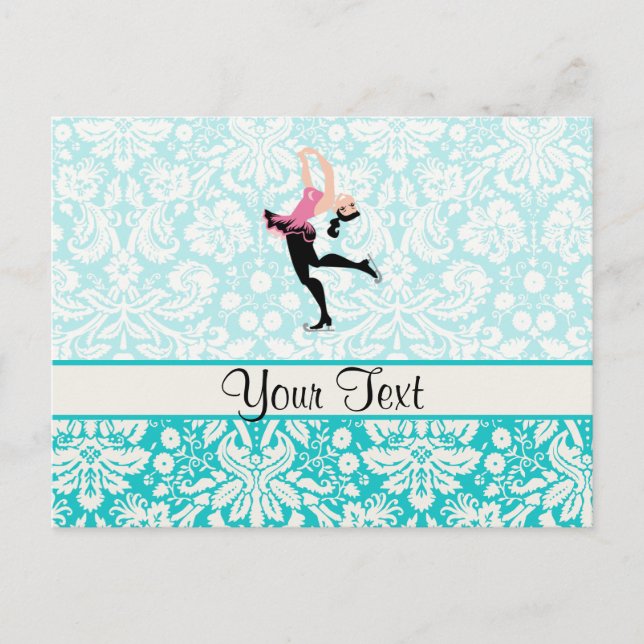Teal Damask Pattern Ice Skating Postcard (Front)