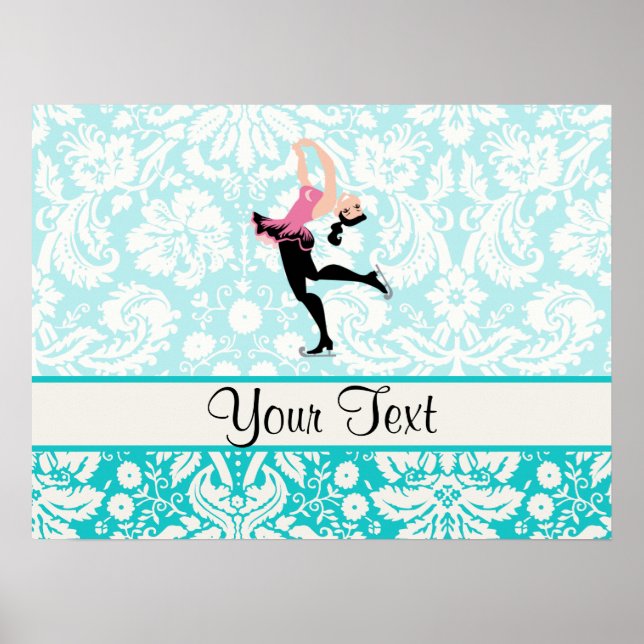 Teal Damask Pattern Ice Skating Poster (Front)