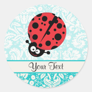 Teal Damask Pattern Ladybug Classic Round Sticker