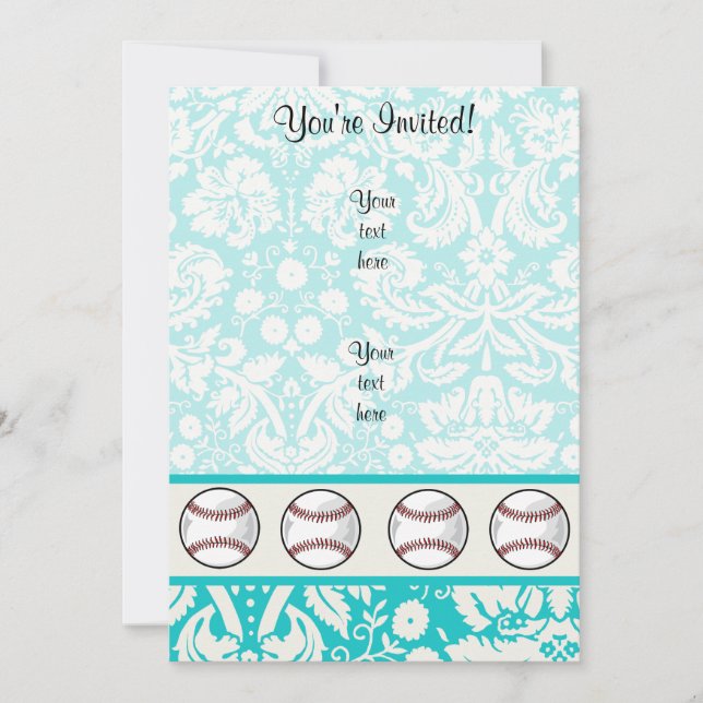 Teal Damask Pattern Softball Invitation (Front)