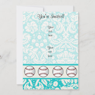 Teal Damask Pattern Softball Invitation