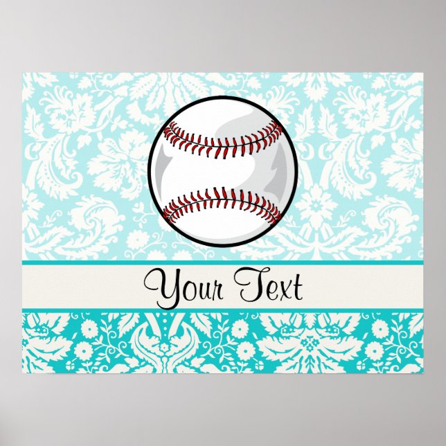Teal Damask Pattern Softball Poster (Front)