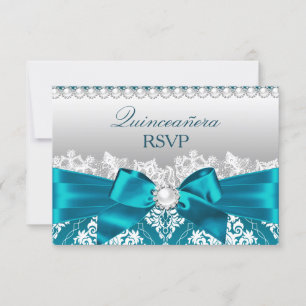 Teal Damask Pearl Bow Quinceanera RSVP Card
