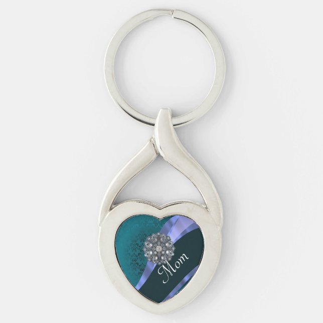 Teal damask personalised mum key ring (Front)