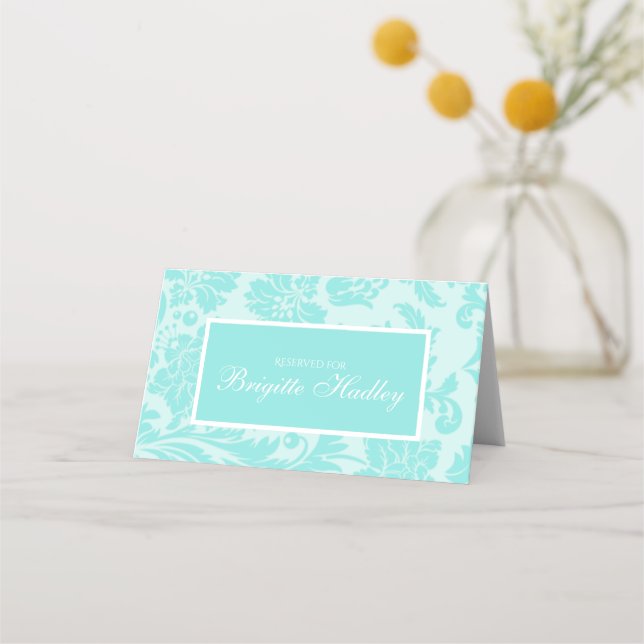 Teal damask place card (Front)