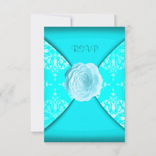 Teal Damask Rose Teal Blue All Occasion RSVP Card (Front)