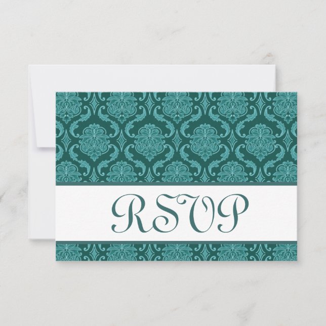 Teal Damask RSVP Wedding Response Card (Front)