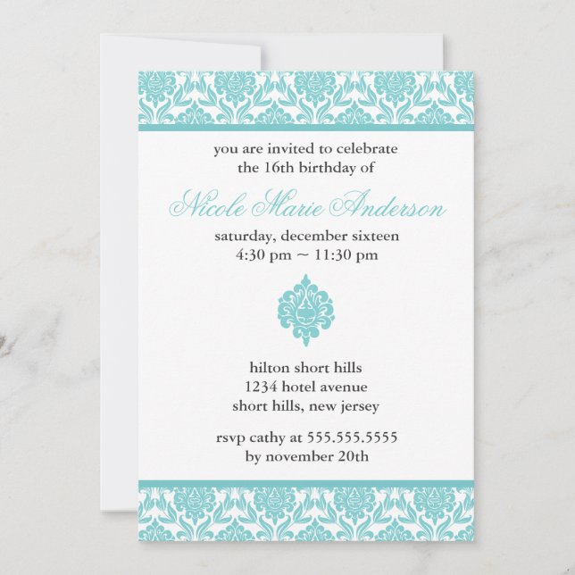 Teal Damask Sweet Sixteen Invitations (Front)