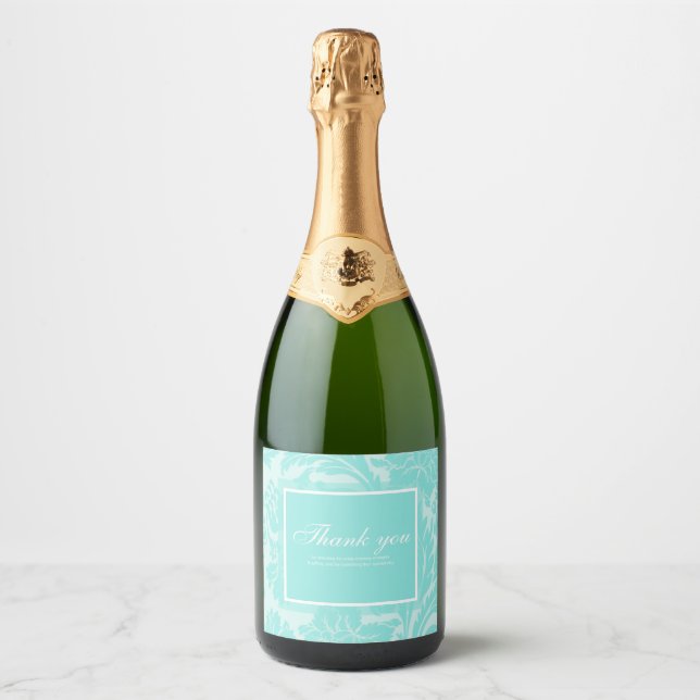 Teal damask thank you card sparkling wine label (Front)