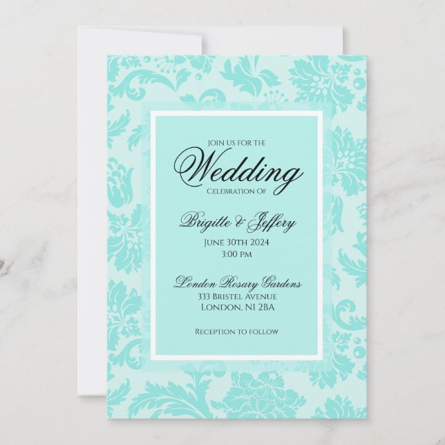 Teal damask wedding invitation (Front)