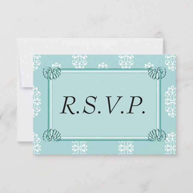 Teal Damask Wedding RSVP Card (Front)