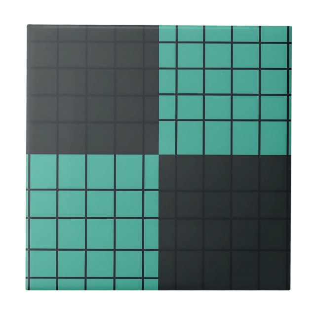 Teal Dark Gray Grid Pattern Modern Minimalist  Tile (Front)