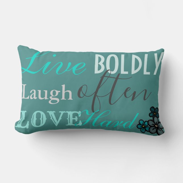 Teal, Dark Grey and Avocado  'Live, Laugh, Love'  Lumbar Cushion (Front)