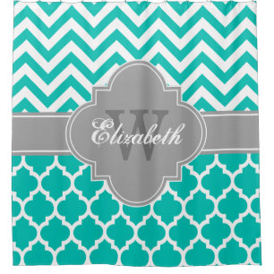 Teal Dark Grey Wht Moroccan #5 Chevron 1IQRN Shower Curtain