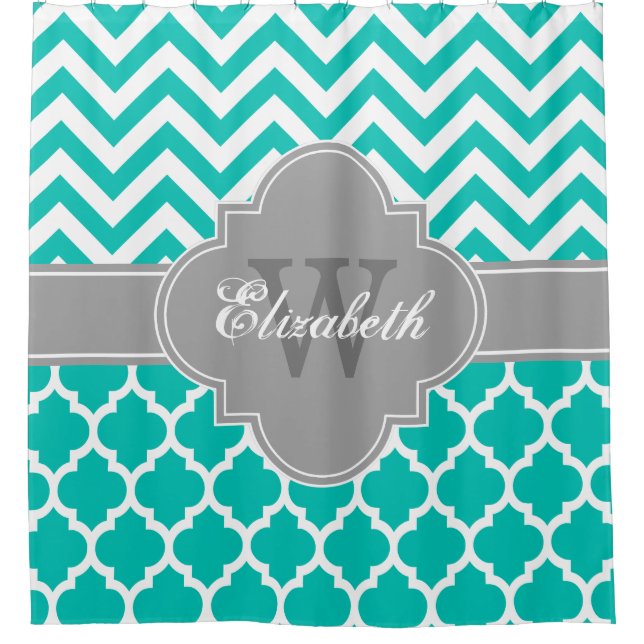 Teal Dark Grey Wht Moroccan #5 Chevron 1IQRN Shower Curtain (Front)