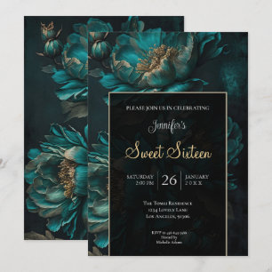 Teal Dark Moody Floral Sweet 16 Invitation