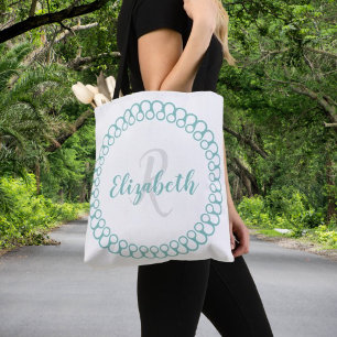 Teal Decorative Circle Personalise Monogram Tote Bag