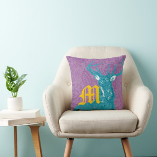 Teal Deer on Purple Vintage Floral Pattern Cushion