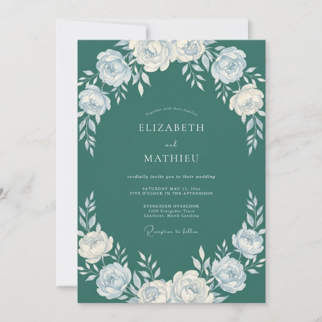 Teal Delicate Floral Arch Wedding Invitation (Front)