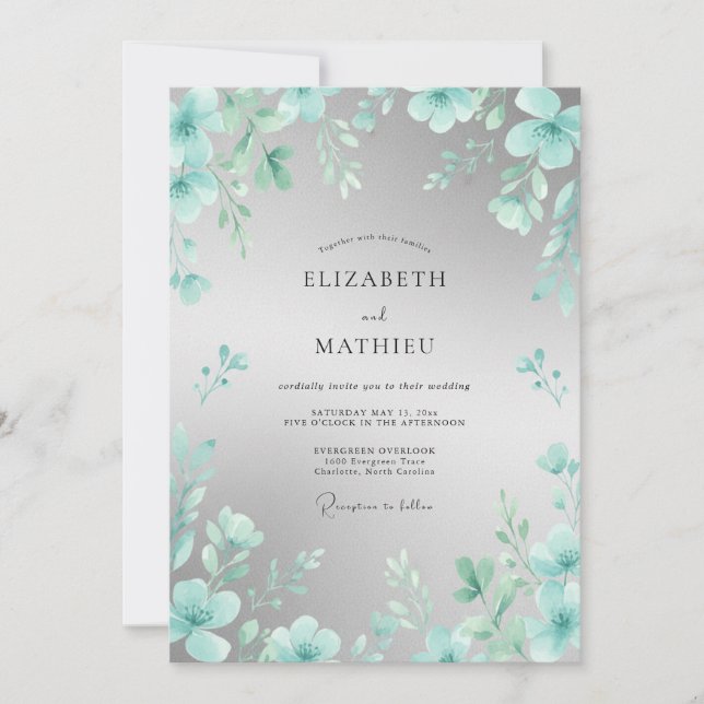 Teal Delicate Floral Flourish Wedding Invitation (Front)