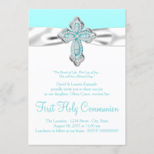 Teal Diamond Cross Girls Teal Blue First Communion Invitation