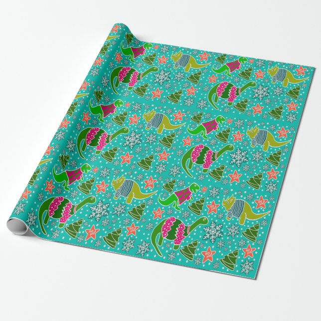 Teal Dinosaur Christmas  Wrapping Paper (Unrolled)