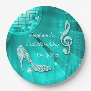 Teal Disco Ball and Heels 65th Birthday Paper Plate
