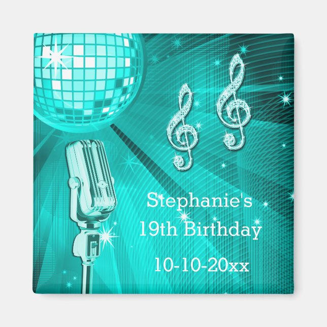 Teal Disco Ball and Retro Microphone 19th Birthday Magnet (Front)