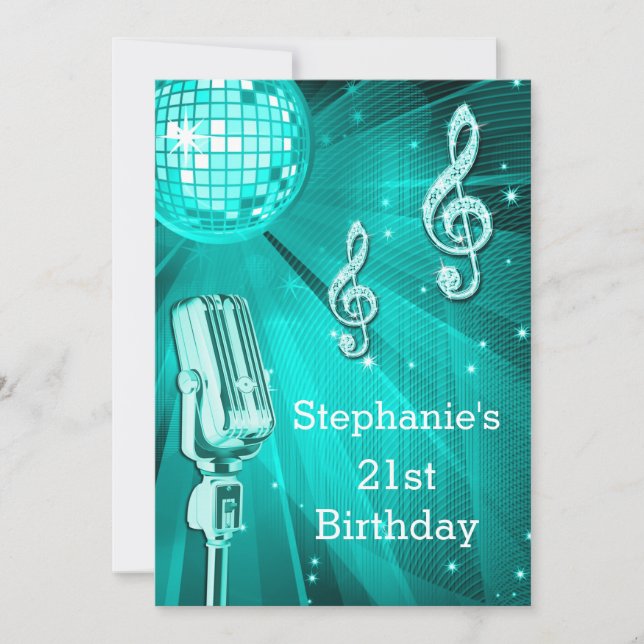 Teal Disco Ball and Retro Microphone 21st Birthday Invitation (Front)