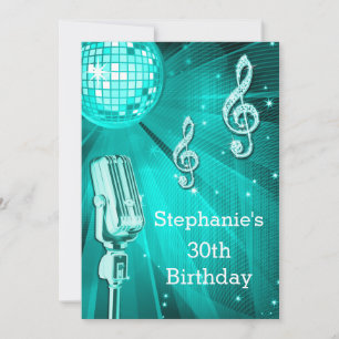 Teal Disco Ball and Retro Microphone 30th Birthday Invitation