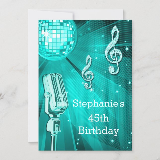 Teal Disco Ball and Retro Microphone 45th Birthday Invitation (Front)