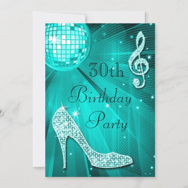 Teal Disco Ball and Sparkle Heels 30th Birthday Invitation (Front)