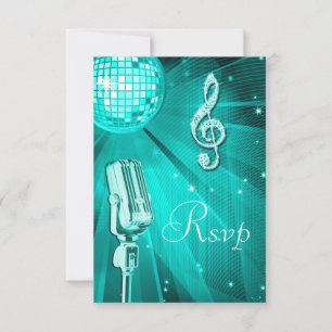 Teal Disco Ball & Retro Microphone RSVP Card