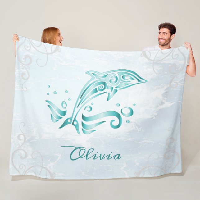 Teal Dolphin Personalised Fleece Blanket (In Situ)