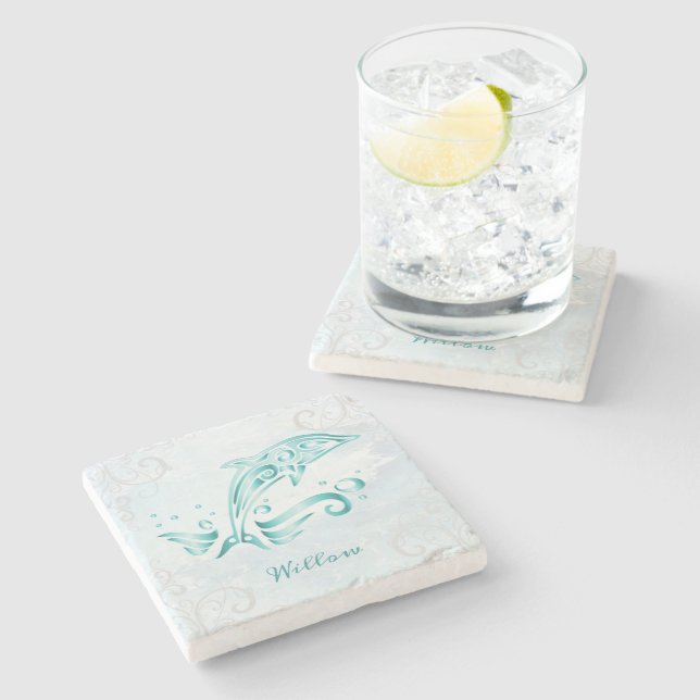 Teal Dolphin Personalised Stone Coaster (Side)